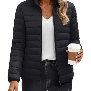 Quilted Puffer Jacket Lightweight Warm Winter Coat Stand Collar Full Zip Chic